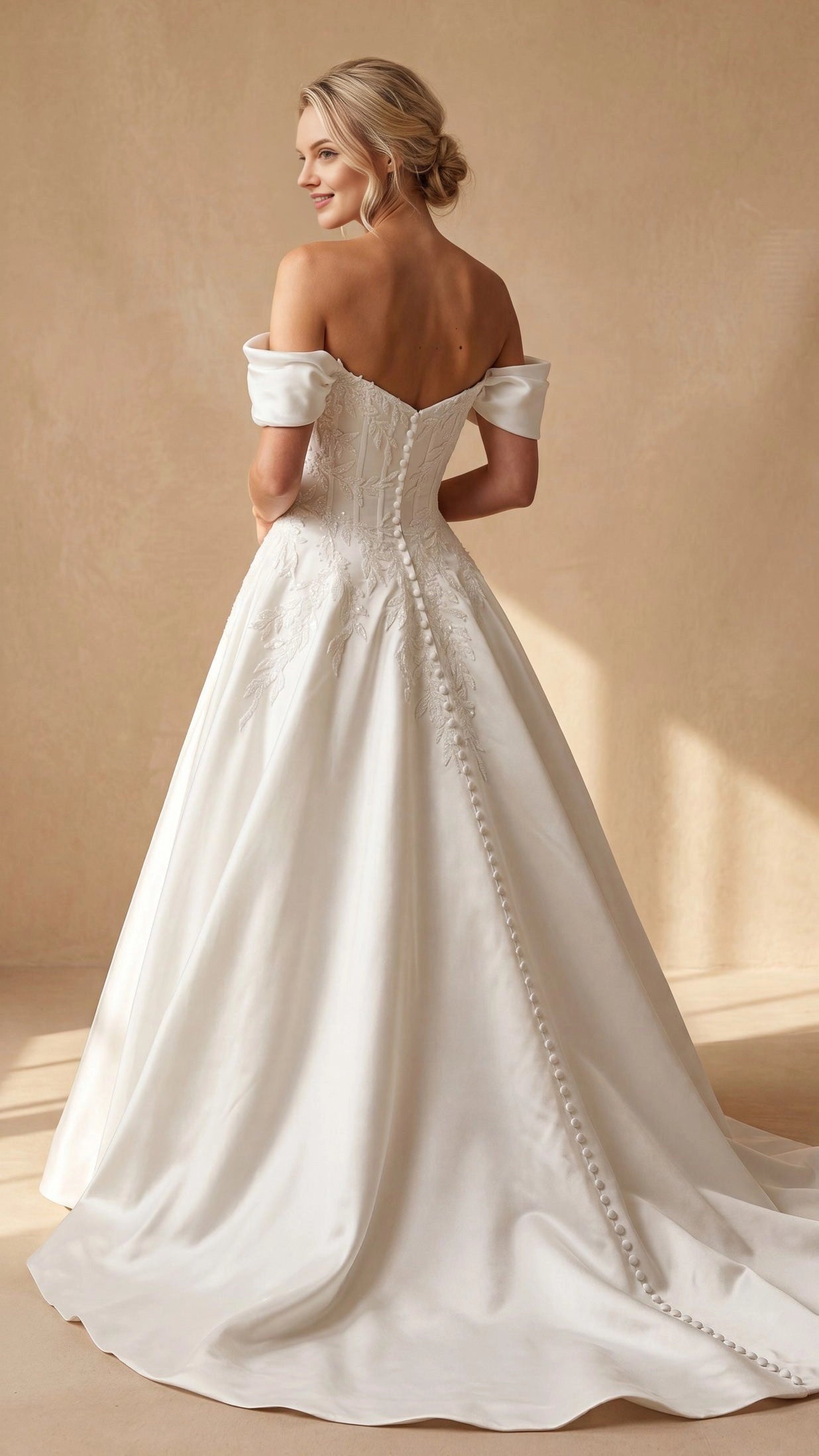 Vedress satin A-line wedding dress back view, sweetheart button back with covered buttons chapel train, traditional bridal gown
